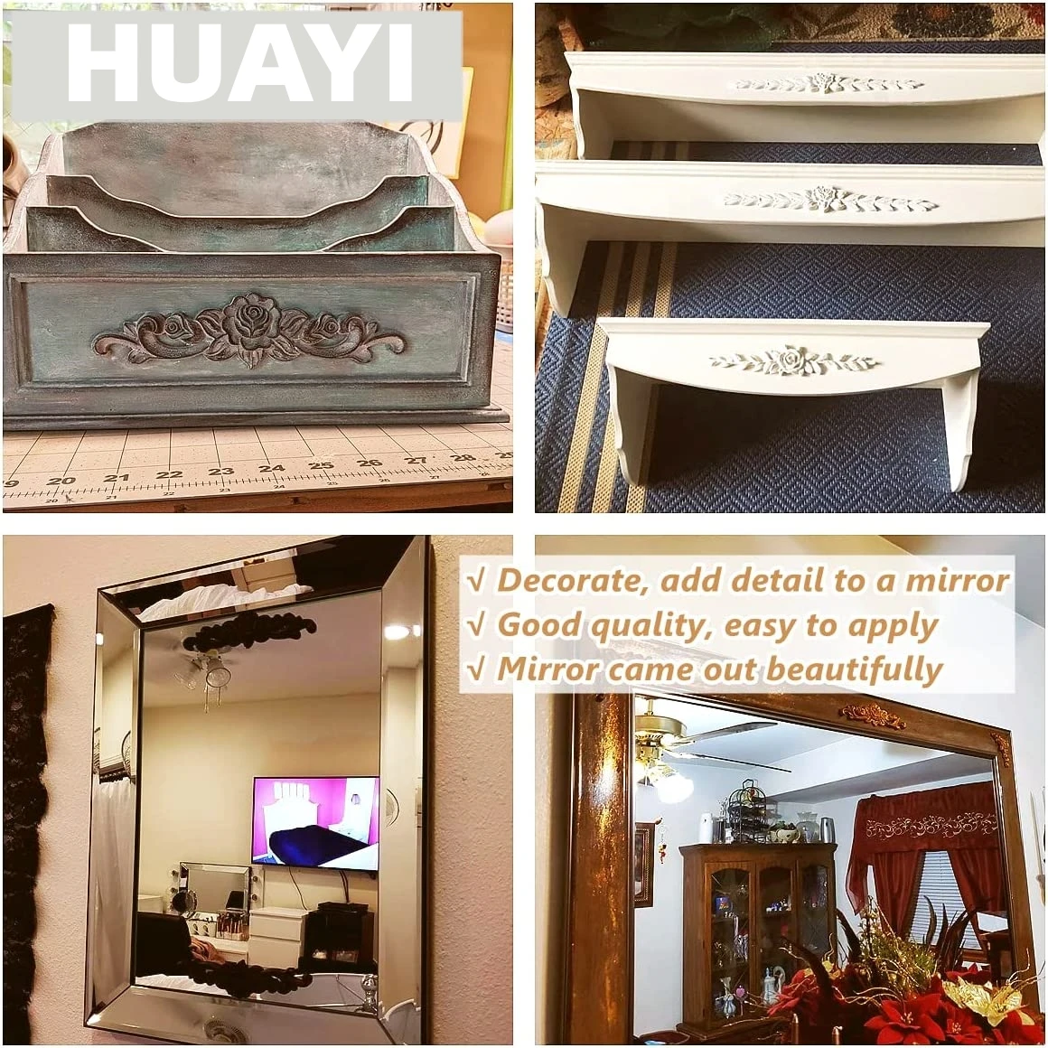 Wood Rose Appliques Onlays Set Unpainted Decorative Carved Decals for Bed Door Cabinet Wardrobe Mantel Ceiling Wall Headboard