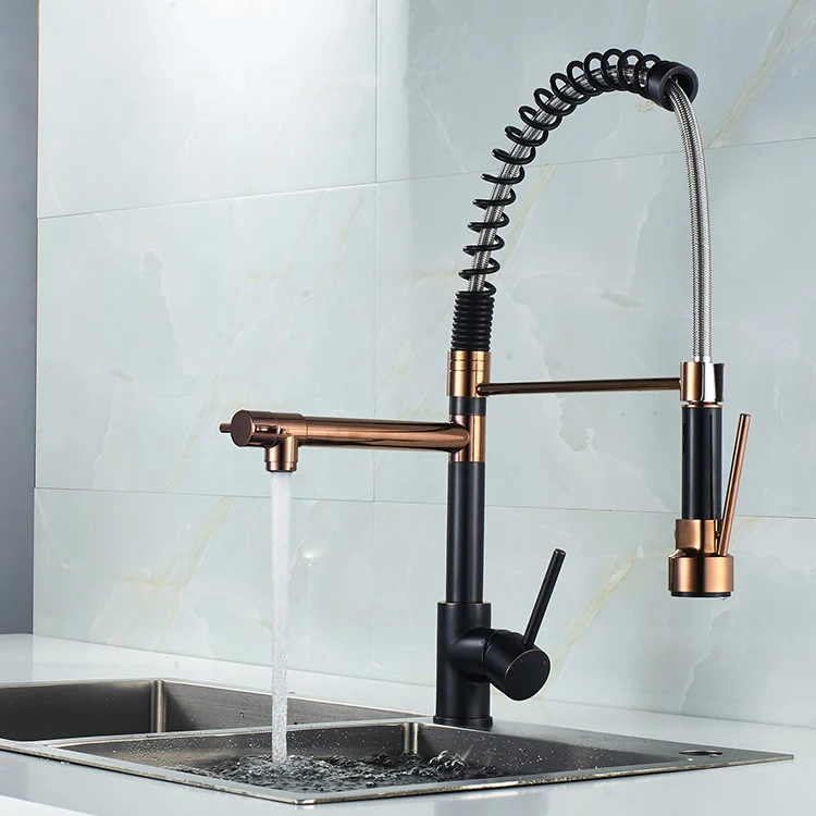 High Arc Spout Swivels Pull Out Taps Black Rose Gold Brushed Kitchen Faucet Spring Spray Head Single Hole Faucet Mixer