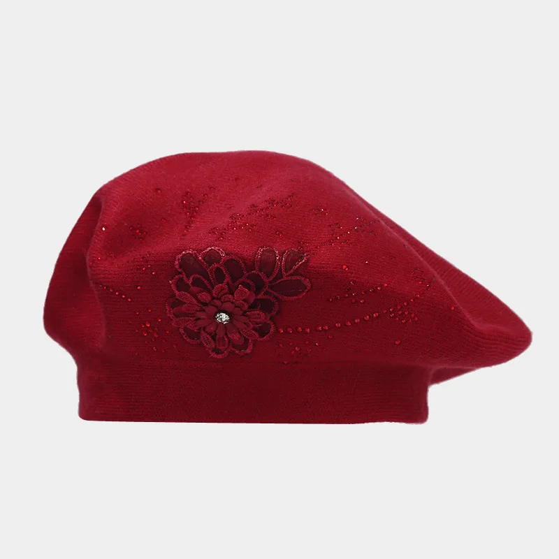 French Retro Hot Rhinestone Small Flower Knitted Bud Hat New Black Painter Hat Beret Hat For Women