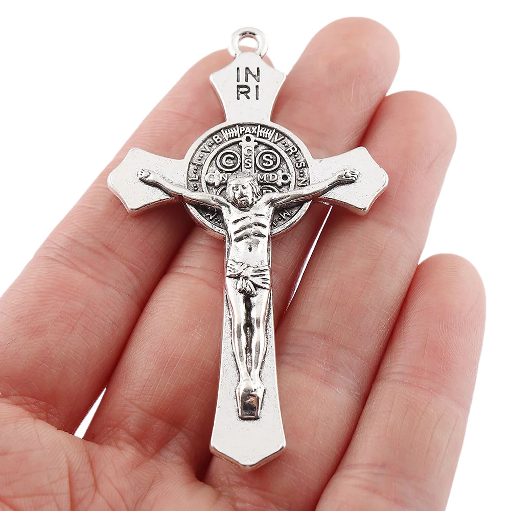 Antique Silver Saint Benedict Medal Jesus Christ Crucifix Cross Charms Pendants For Necklace DIY Jewelry Making 70x41mm