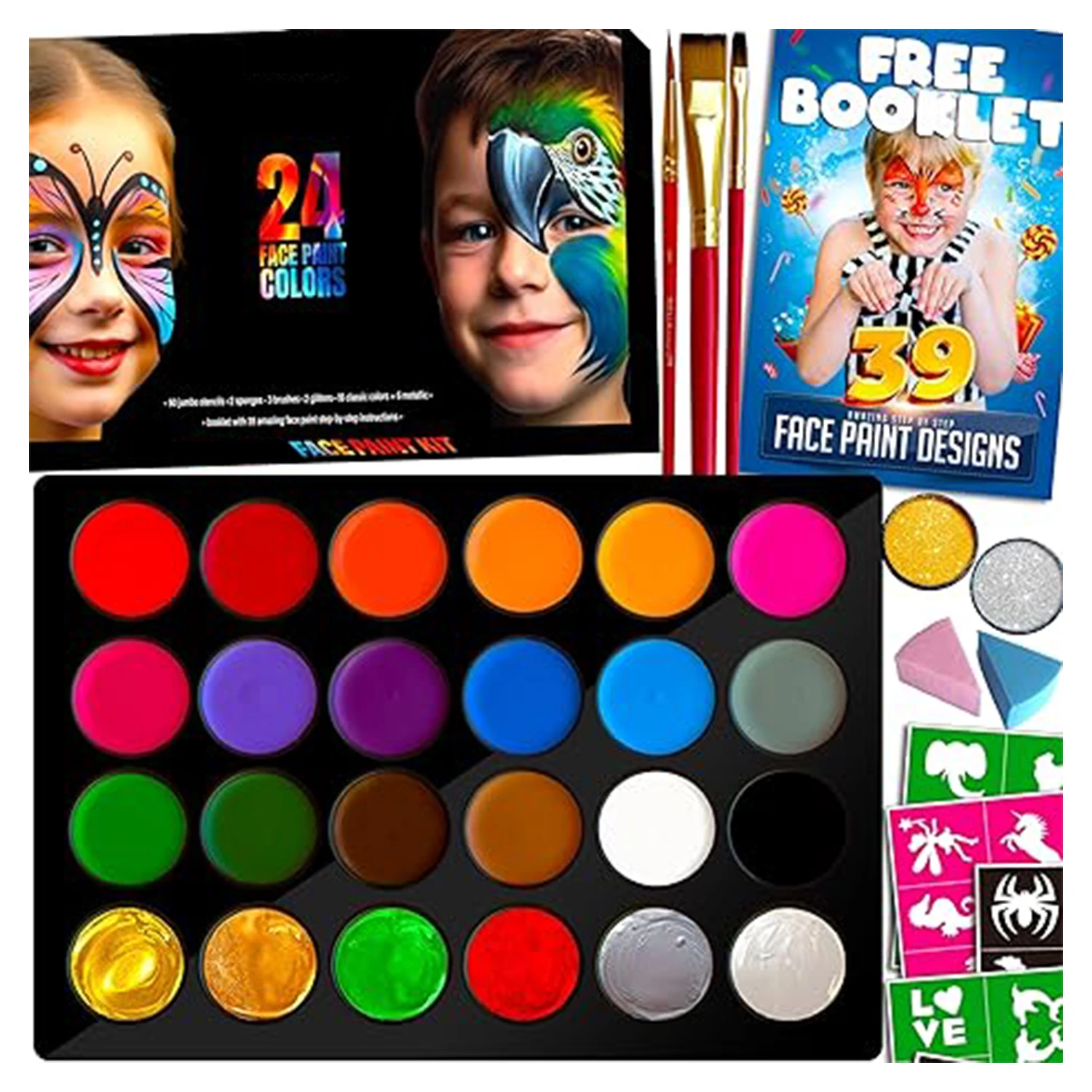 24 Colors Safe and Easy to Use Face Paint Kit  for Kids,Stencils, Book, and Professional Halloween Makeup Kit