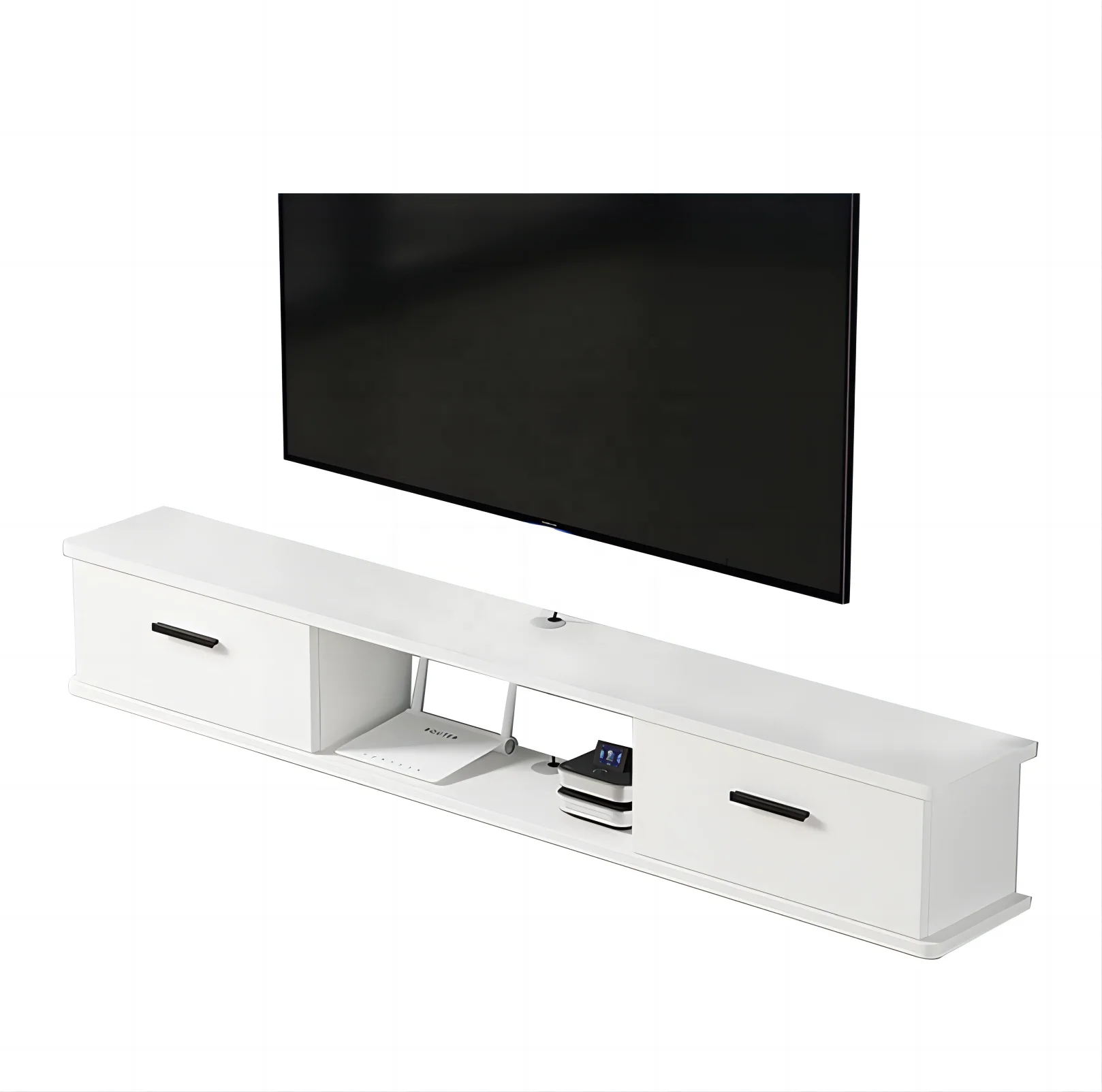 modern white wooden hole floating wall mount shelf Entertainment Center living room tv stand cabinets furniture with cable box