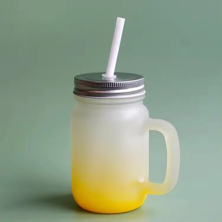 14OZ Gradient Colored Mason Jars for Sublimation Handle Lids with Straw Subcategory Mugs