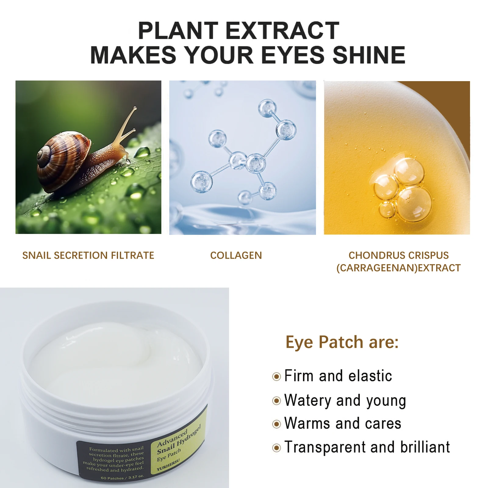 OEM Cosmetic Skin Care Collagen Under Eye Patches Anti-wrinkle Dark Circle Glitter Snail Eye Mask Patch