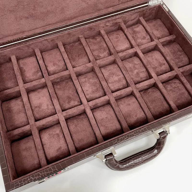 24 Slot Brown Alligator Crocodile PU Leather Watch Display Storage Briefcase Box with Password Lock