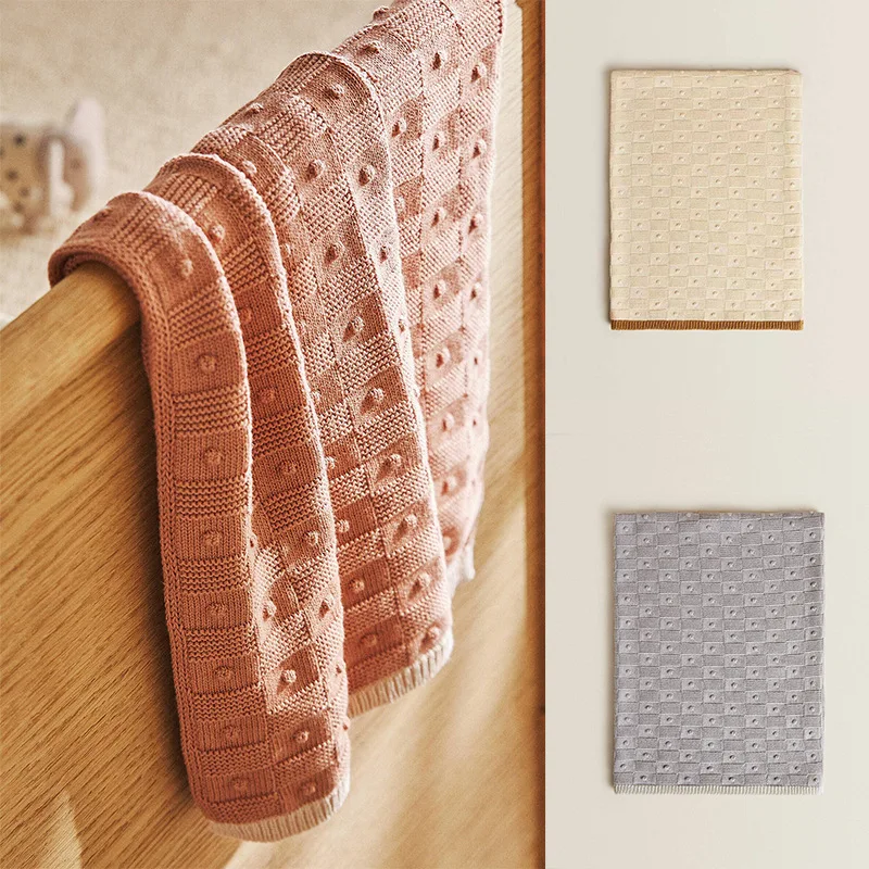 100% Cotton Pompom Newborn Baby Swaddle Wrap Receiving Crib Stroller Blankets Cotton Knitted Throw Blanket