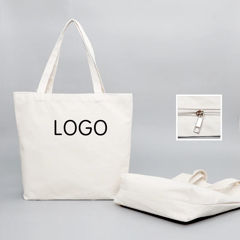 Customized Logo Printed  Recycle Plain Organic Cotton Canvas Tote Shopping Bags with zipper