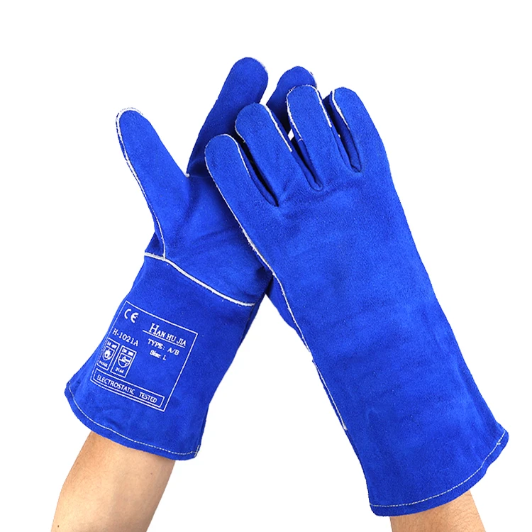 grade AB 14 inches royal blue flannelette lined cow split leather winter safety welding gloves