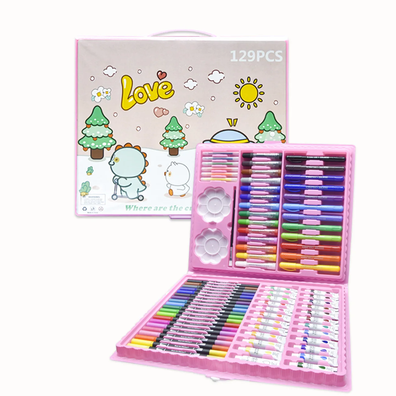 129 pcs pieces drawing art kit kids  colored pencil art set crayon oil pastel watercolor pen stationery paint art wooden box