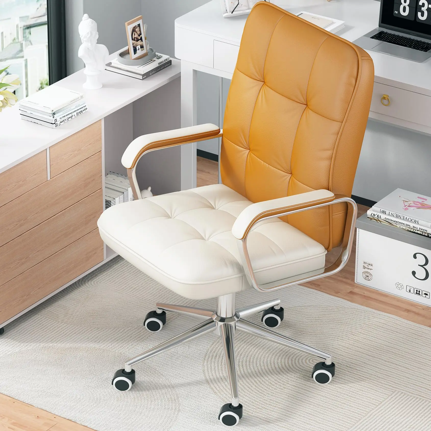 Brazil Leather Large Fabric Revolving Home Office Wheels Padded Arms Soft Leather Adjustable Computer Desk Swivel Chair