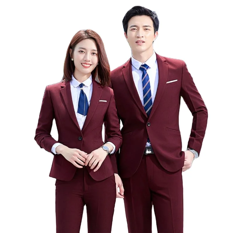 One buckle blue suit men and women with the same style of professional wear business work clothes ladies office suits terno