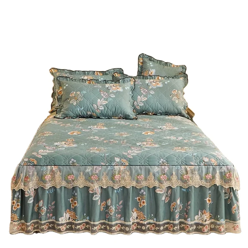 Custom Palace style small floral cotton lace bedspread bed skirt sheet set quilted thick cotton bed cover bed skirt