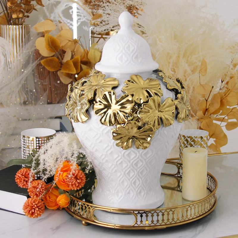 J244 Luxury decoration home decorative gold rose flower vase jar ceramic ginger jar for wedding centerpieces