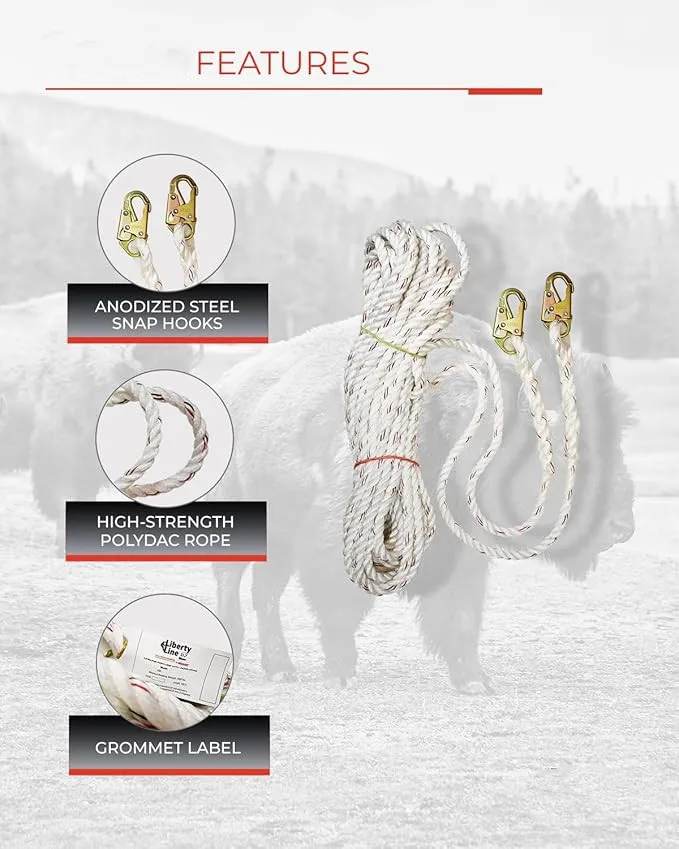 50 Foot Vertical White Polydac Roofing Climbing Rope Lifeline with Snap Hooks at Both Ends Safety Rope