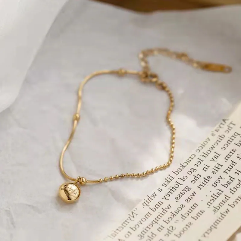 Wholesale 18K Real Gold Plated Stainless Steel Beads Chain Ball Charm Bracelet For Girls