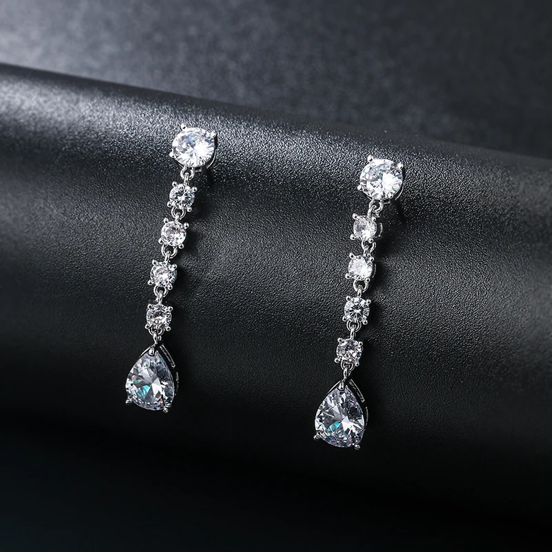 New Arrival Exquisite Teardrop Cubic Zirconia CZ Zircon Crystal Wedding Bridal Long Drop Earrings in 14K Gold Plated