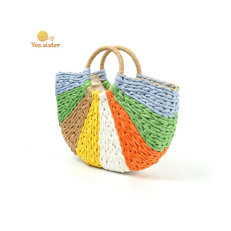 Custom Handmade Summer Fashion Knitted Beach Stripe Tote Large Color Straw Bag Crochet