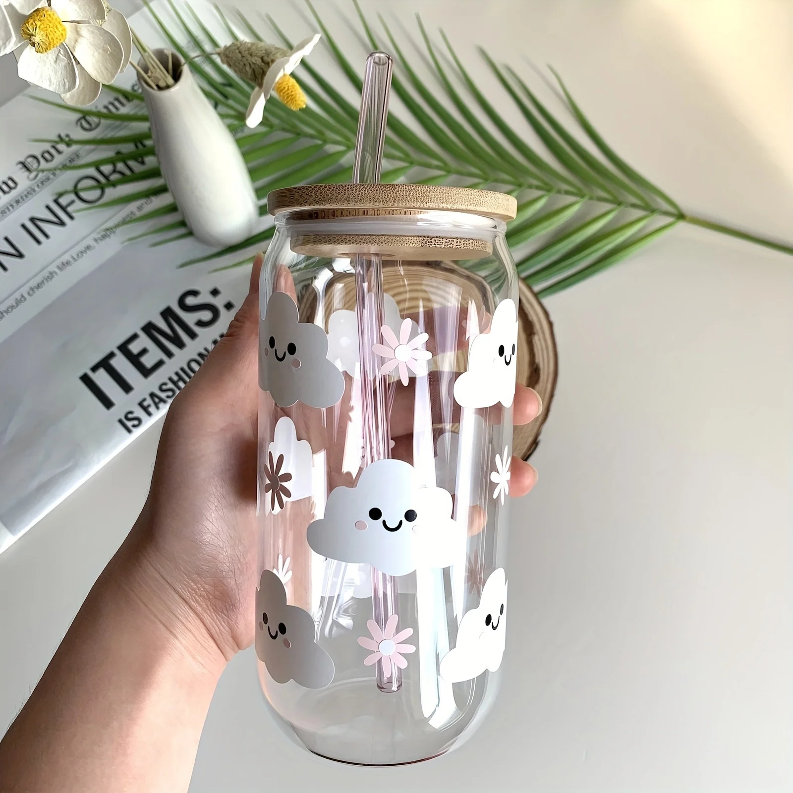 New Popularity Portable Cute Clouds Pattern 16 OZ Glass Milk Tea Coffee Can With Straw And Brush