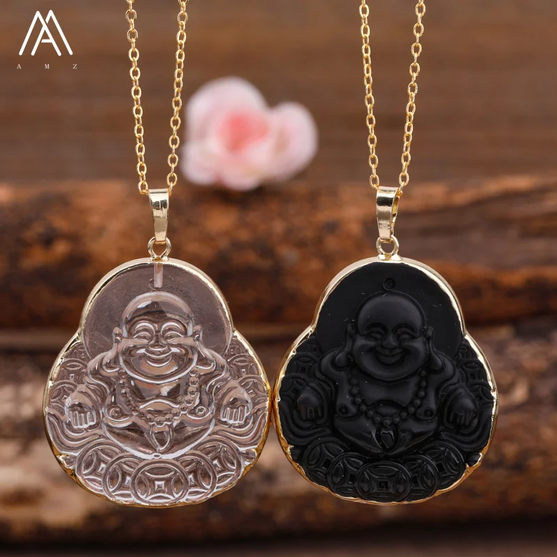 Dainty Gold Buddha Pendant Necklace Yoga Jewelry , Laughing Buddha Charm Mom Gift