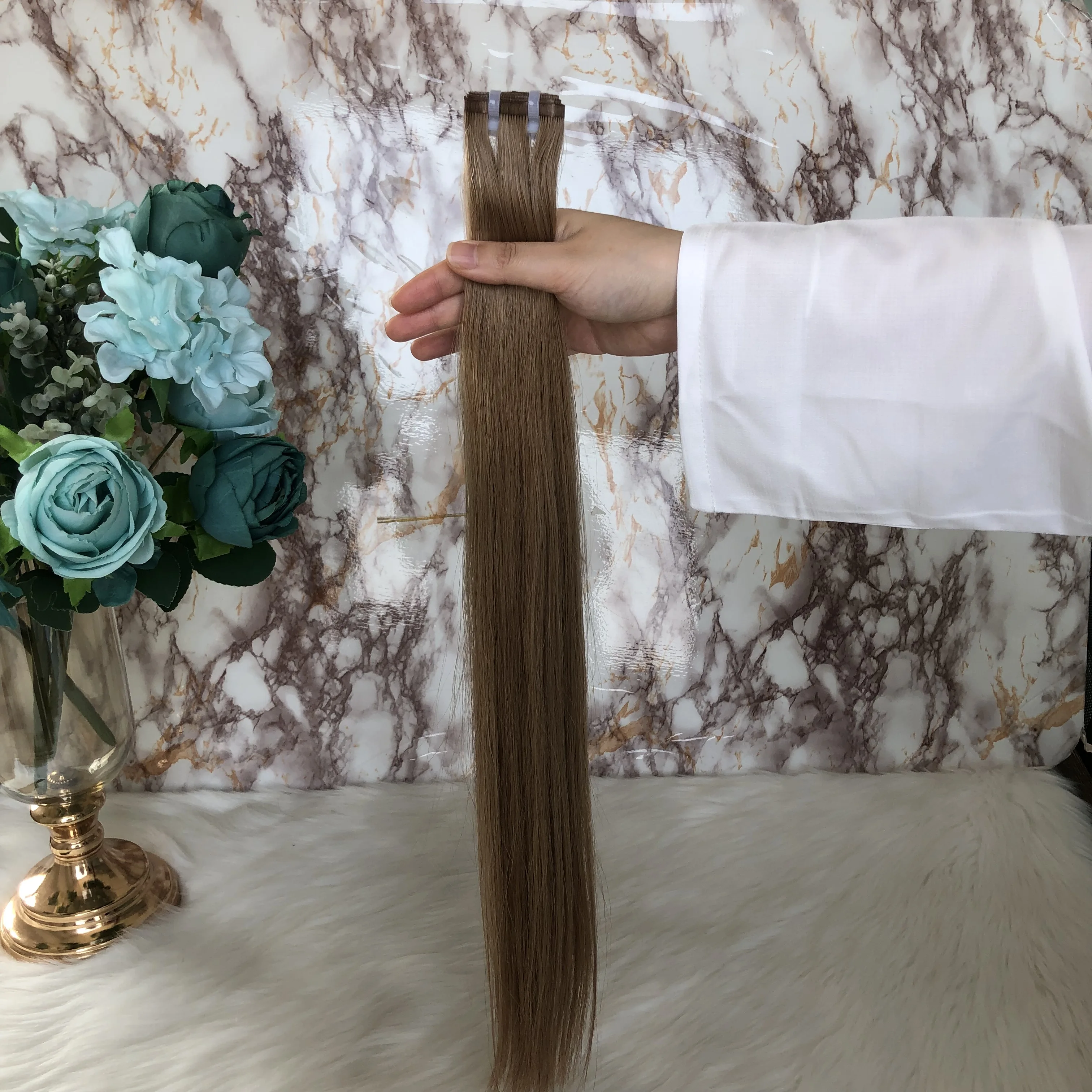 Top quality 12A grade Perfect Volume Double drawn Thickness Russian Flat Weft seamless hand tied skin pu weft Hair Extension