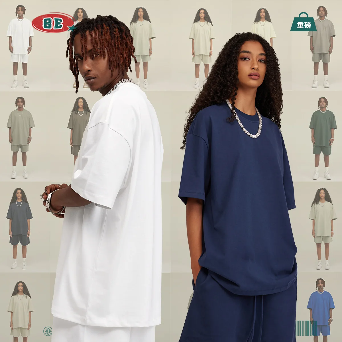 Spring/Summer 305G Heavyweight Solid Color Short sleeved Shorts, European and American Loose Fashion Brand Couple T-shirt Set