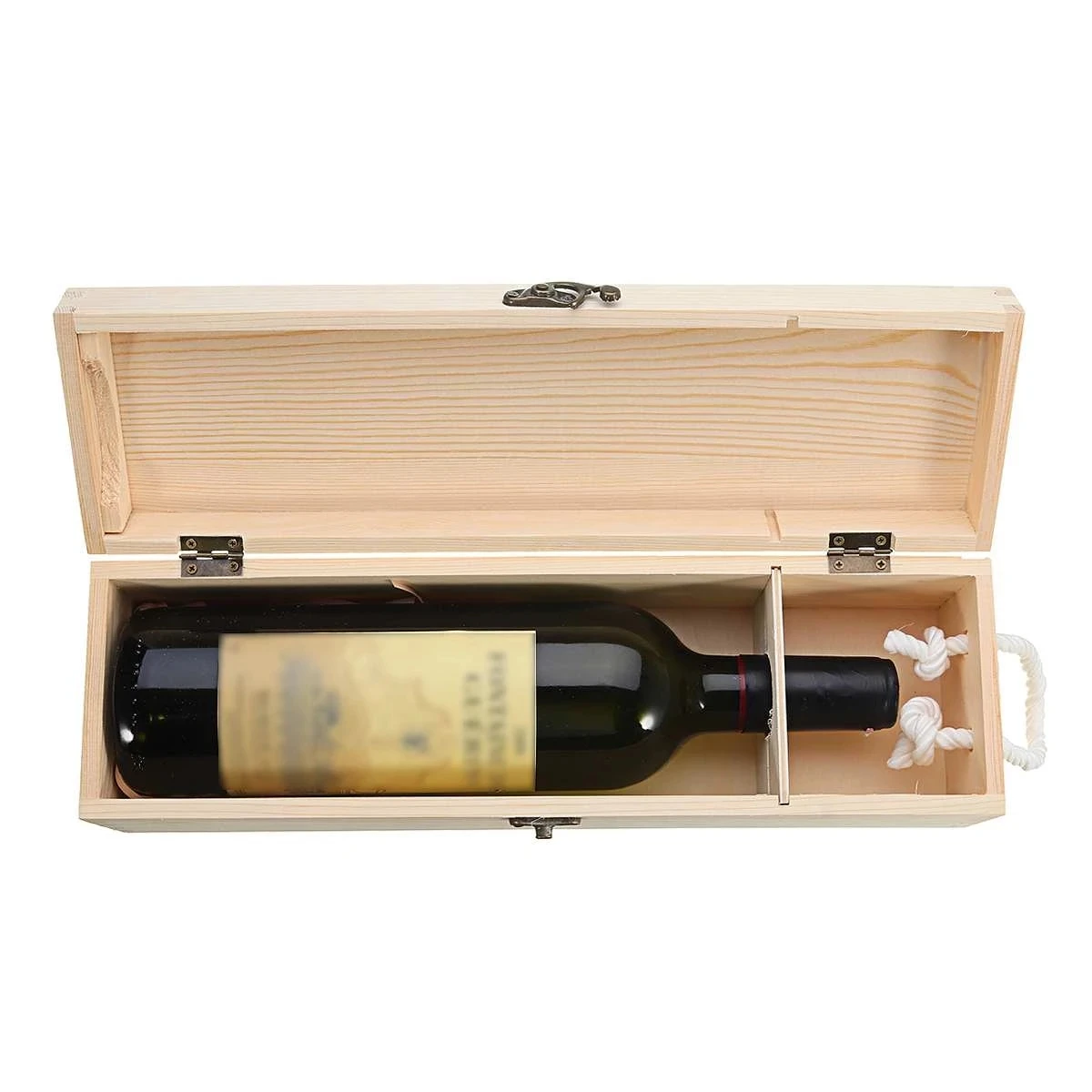 JUNJI Natural Wooden Red Wine Box Pine Wood Single Bottle Champagne Packing Box Luxury Gift Hinged Box with Rope Handles