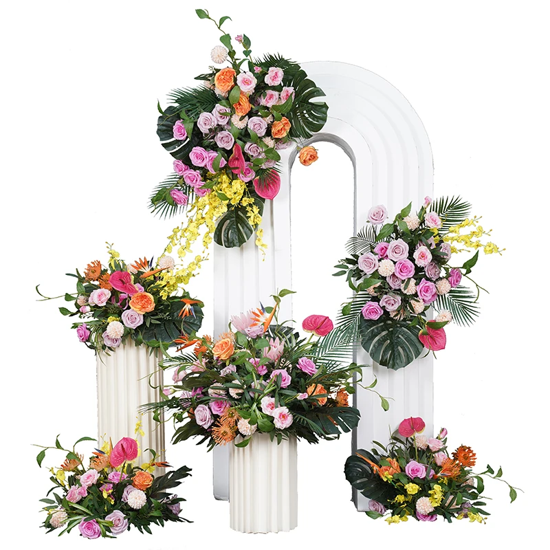 Turtle Back Leaves Palm Rose Hang Floral Row Arrangement Wedding Backdrop Stand Decor Flower Ball Centerpieces For Tables A8731