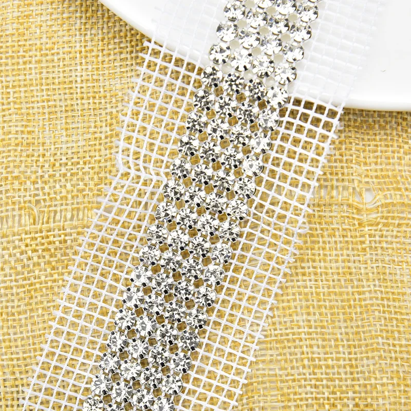 4 Rows Crystal Netting Silver Base Shiny Diamond Mesh Fabric Rhinestone Trimming for Shoes Bags Clothing Accessories