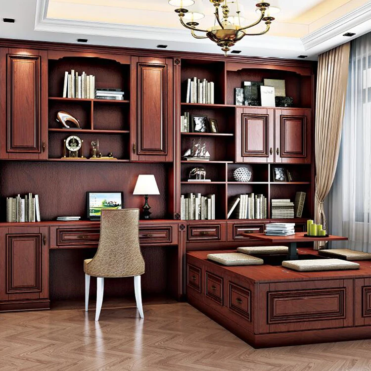 Custom European-style High-end Solid Wood Luxury Furniture Set Wall Bookshelf Bookcase With Desk