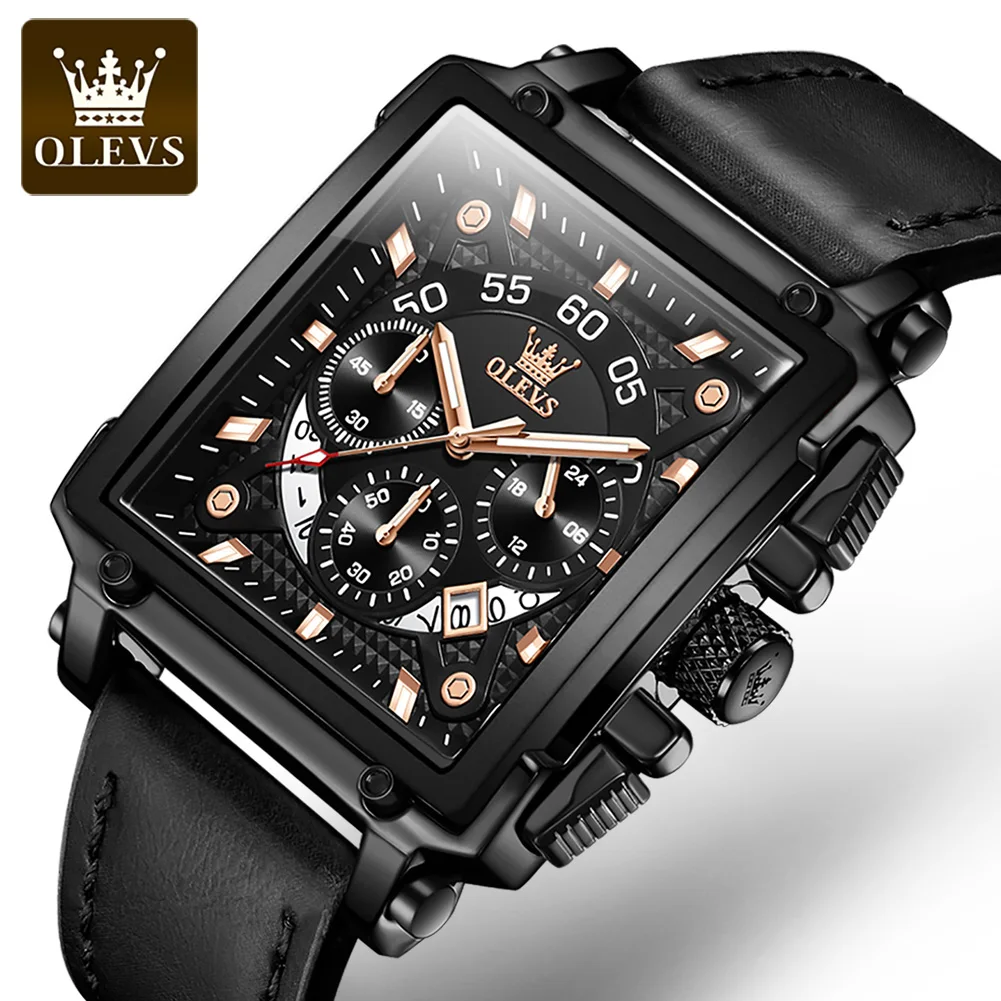 OLEVS-9919 New Luxury Men Quartz Leather Watches Square Shell Horizontal Three Eye Calendar Men Waterproof Wristwatches