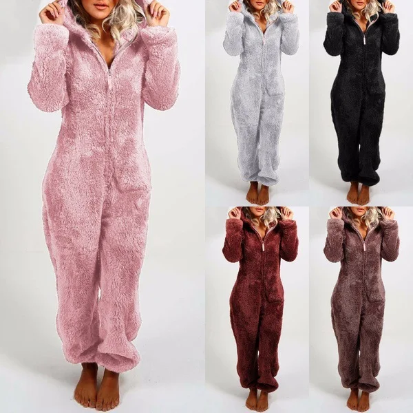 
2020 Fall Winter Women Hooded Pajamas With Plush Thick Plush Women Home Wear Jumpsuit 