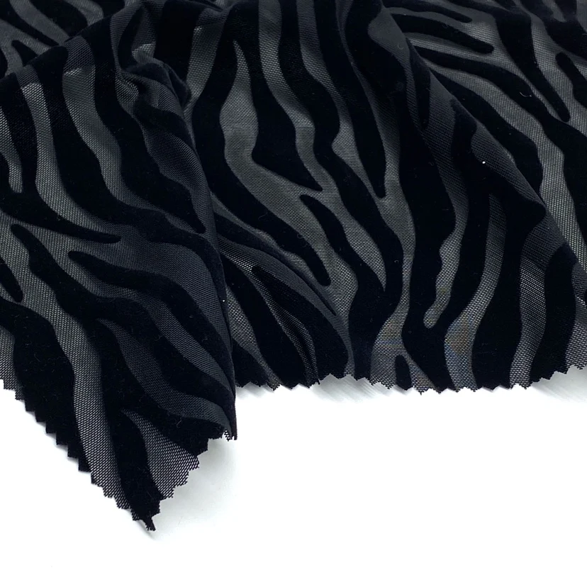 Customized pattern spandex nylon mesh flocking fabric stripe fabric for sexy women bodysuit