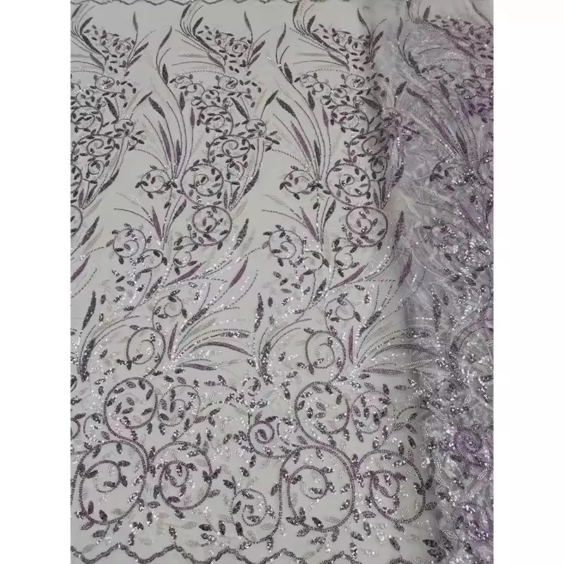 Width 125 cm Polyester Embroidered Tulle mesh fabric gold Sequins beads fabric for women fashion wedding bridal dress