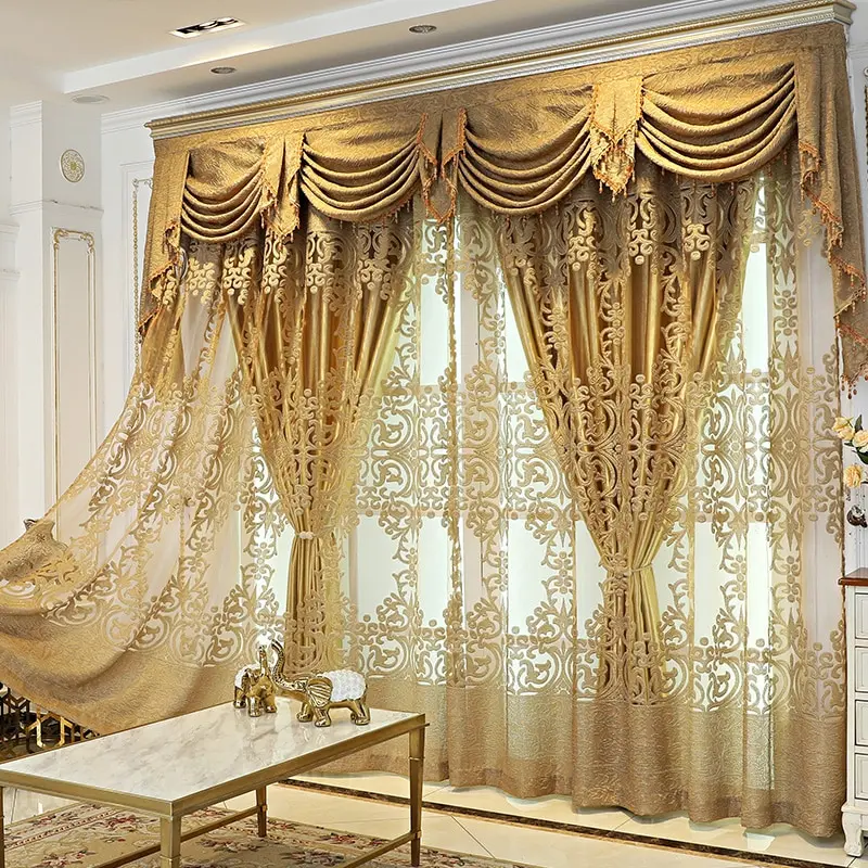 European Style Living Room Shiny Gold Jacquard Curtains Double Layers Voile Luxury Curtains for Villa