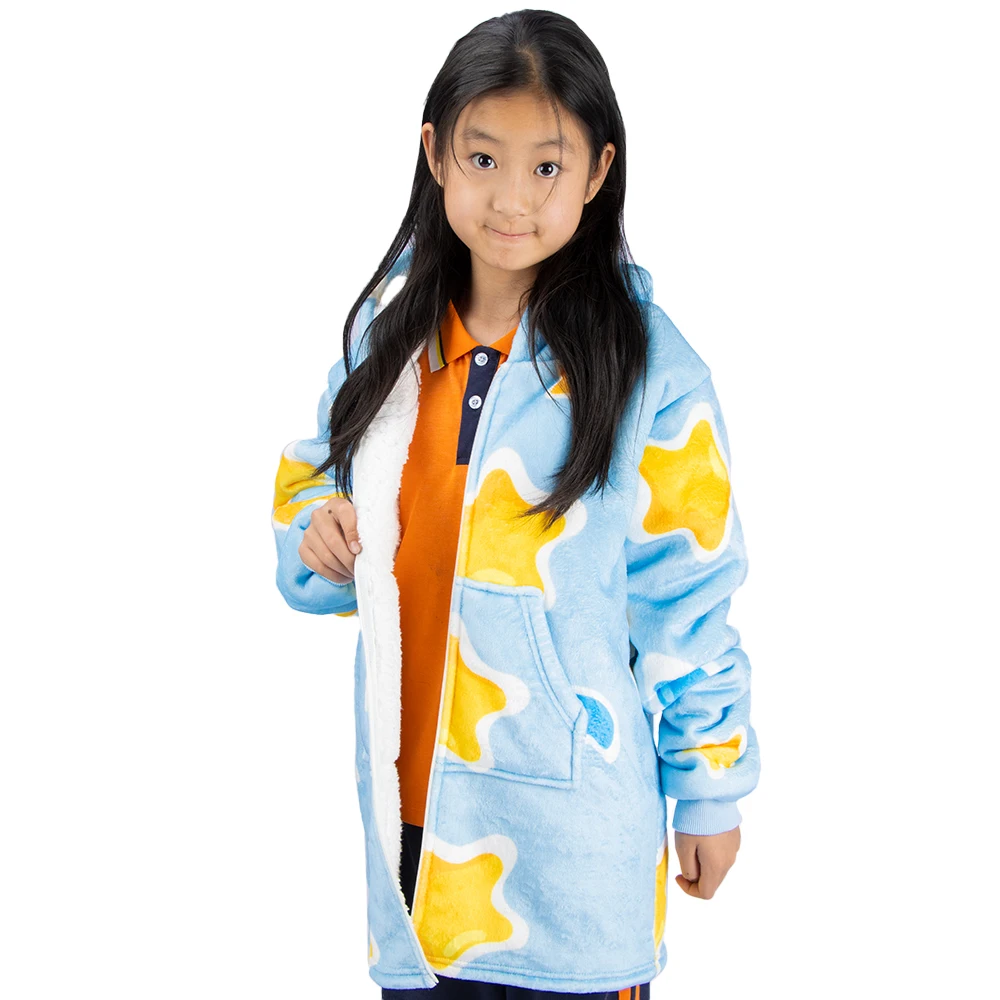 Custom Child Flannel Fleece Sherpa Fluffy Sweatshirt Oversized  Wearable Jumper Kid Blanket Hoodie