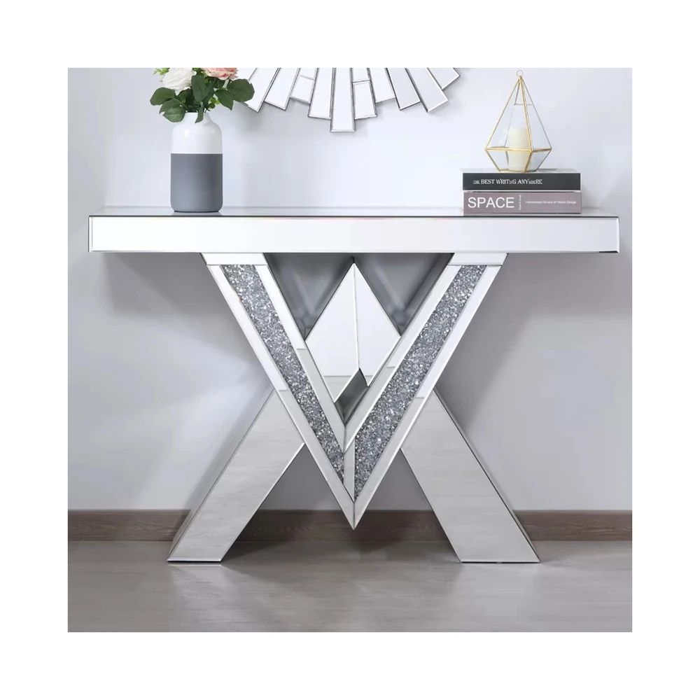 
Luxury sparkling crushed diamond mirrored console table with wall mirror 