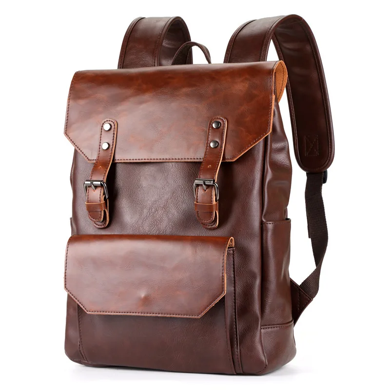 High Quality Backpack Mens PU Leather Vintage Backpack Waterproof College Student Travel Backpack