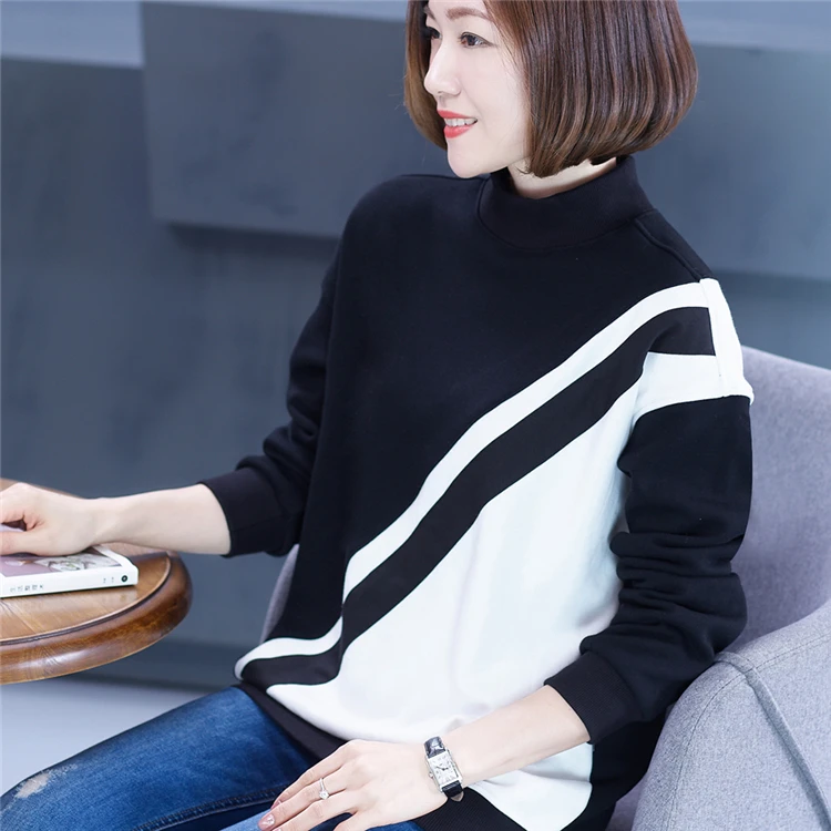 
Women Basic Round Neck Fashion Cotton Long Sleeve Knitting Pullover Sweater Color Block Long Sleeve Sweatshirt Without Hood 