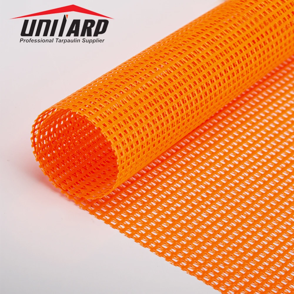 Uni-tarp coated PVC fluorescent orange mesh fabric hole vinyl mesh tarps material PVC coated color mesh