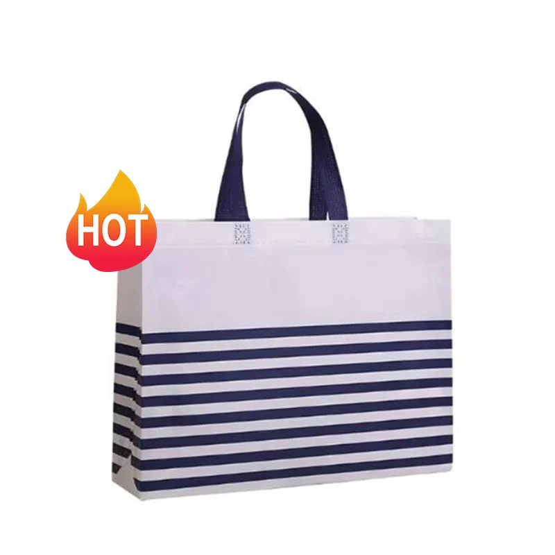 Оптовая продажа, модные, темно-синие, полосатые, принтованные, продуктовые сумки, дешевые, полосатые, нетканые сумки, качественные нетканые сумки с пользовательским логотипом
