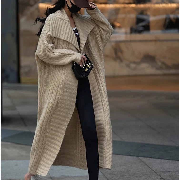 2023 New arrival long sleeve turndown collar cable knit super long women thick sweater coat