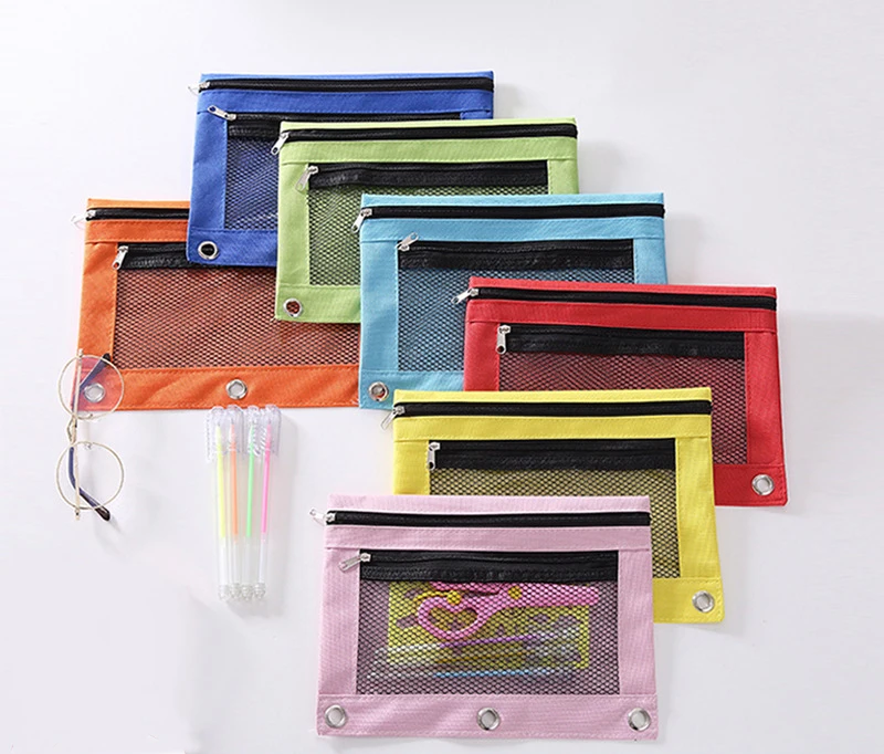 
3-Ring Pencil Pouch Binder Stationery Bag 3 Ring Binder Zipper Pencil Pouch with PVC Mesh Window 