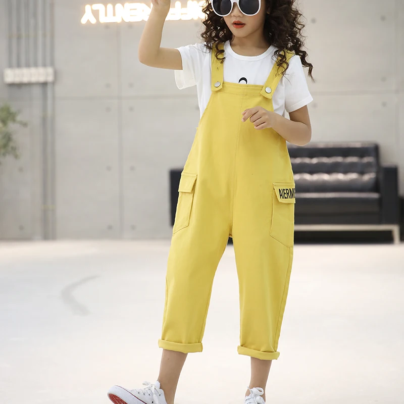 
2021 New Lovely Casual Baby Girls Toddler Adjustable Loose Overalls Green and Yellow Suspenders Trousers with Big Pockets Pants 