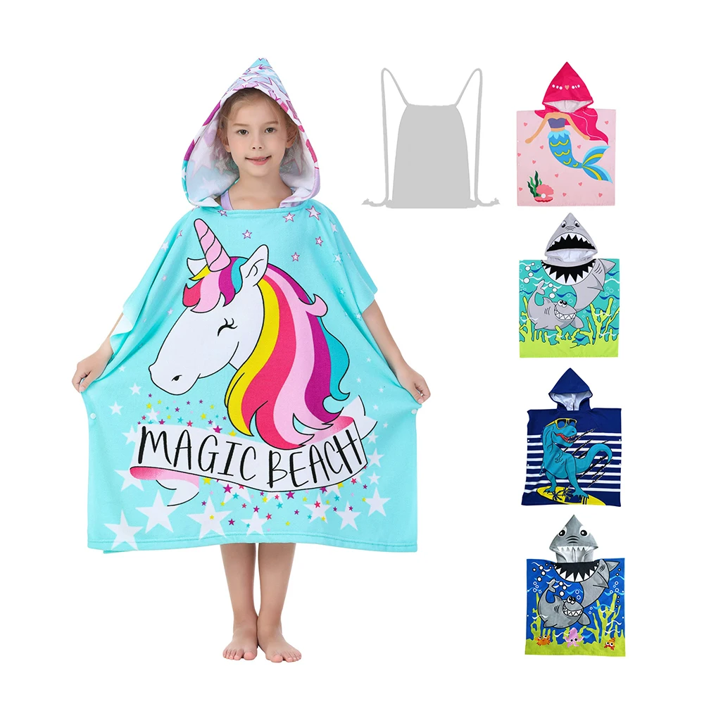 Soft Microfiber Cotton Baby Bath Towel Beach Towel Bathrobe for Kids Poncho for Bath/Pool/Beach Swim Cover with Drawstring Bag