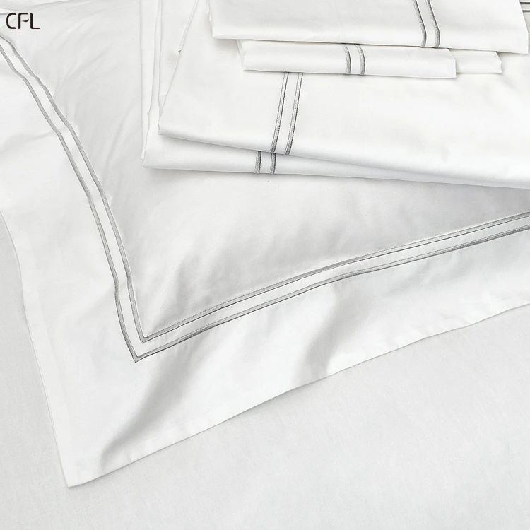 cheap factory hotel bed linen 300tc white cotton border embroidery bedding set bed sheets for hotel