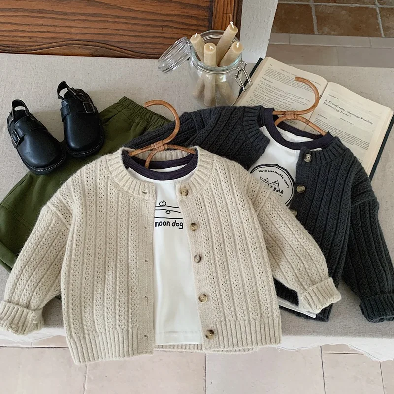 OEM Factory Custom Designer Fall Winter Casual Solid Color Knitted Baby Kids Girl and Boy Cardigan Sweater