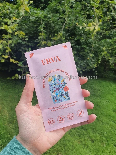 Customized Printed Kraft Paper Three Side Sealed Sachet Biodegradable Compostable Seed Tea Packaging Bag