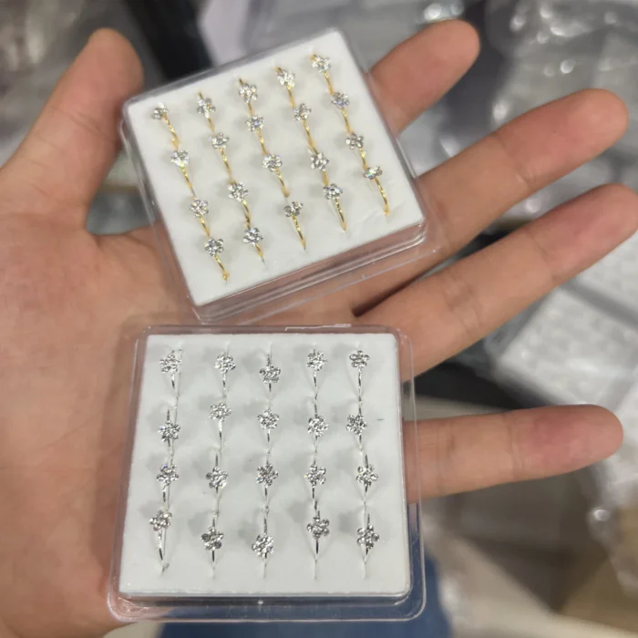 925 Sterling Silver Sparkly Small Thin Flower Clear Crystal Nose Ring Stud Hoop for  girl women