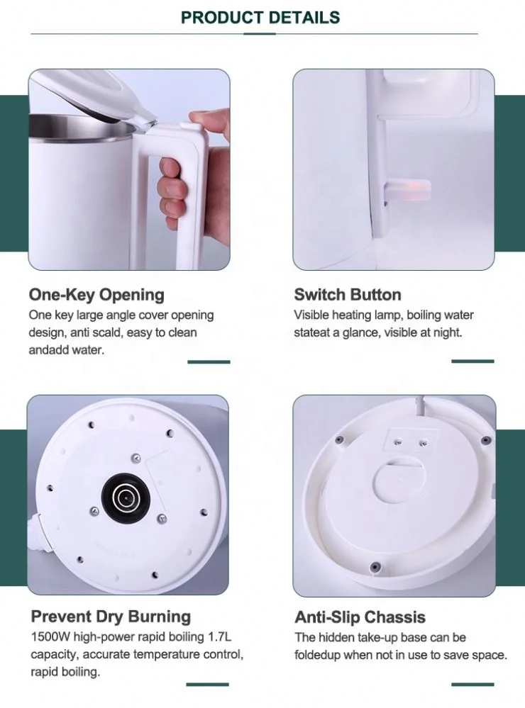 Wholesale 1.7L Boil-dry Protection Thermos Stainless Coffee Kettle Electric Kettles Digital White OEM Heating Tube 3 Years 1500