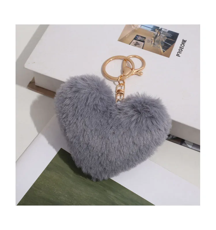 Colorful Fluffy Heart Shape Pompom Keyring Pom Pom Puff Ball Faux Fur Keychain For DIY crafts Bag Pendant